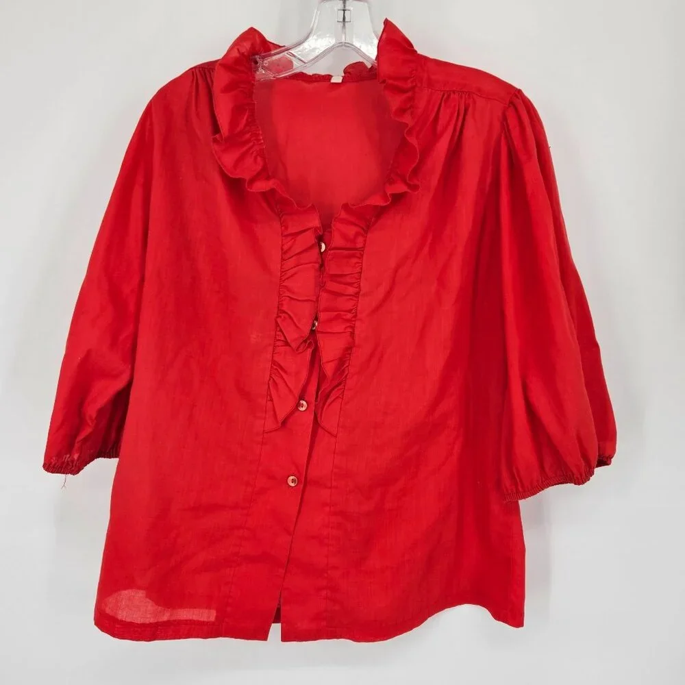 Ruffle Shirt Top Skirt Set M Red White Lace Trim Cotton Blend Dance Western USA - Picture 2 of 12